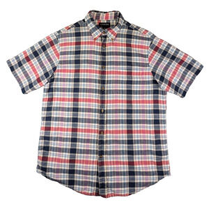 Lands' End Shirt Medium 15-15.5 Men's Red Blue Plaid Short Sleeve 100% Cotton